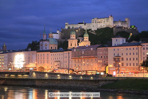 Salzburg, Austria Old Town, River, Hohensalzburg Fortress, Dusk