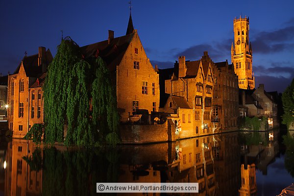 Bell Tower, Reflection, Dusk, Brugge (Bruges), Belgium