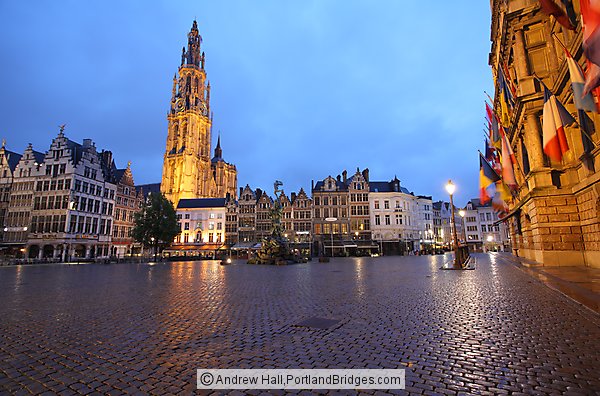 Grote Markt, Town Hall, Cathedral, at Dusk, Antwerp