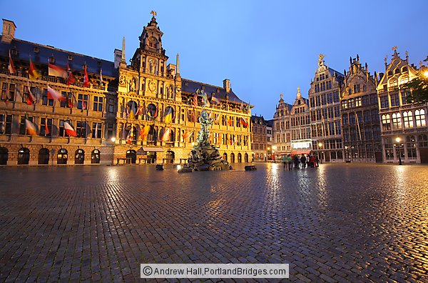 Grote Markt, Town Hall, at Dusk, Antwerp, Belgium