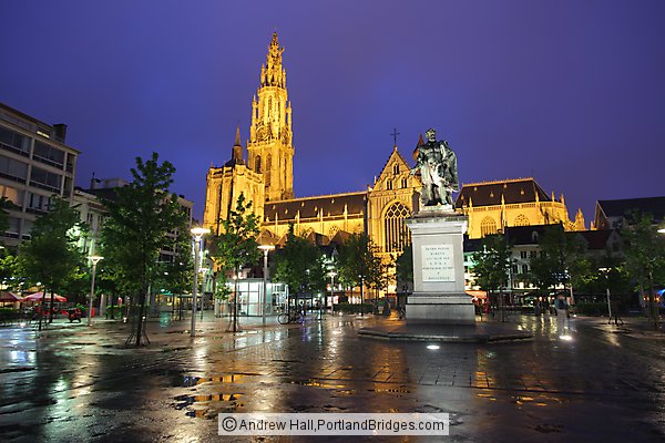 Groenplaats, Cathedral at Night, Antwerp