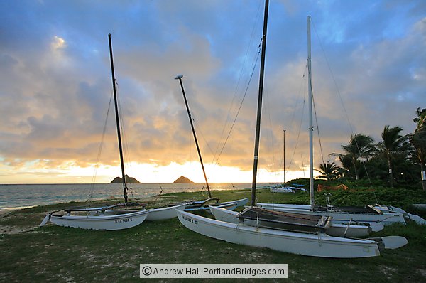 Oahu, Hawaii:  Lanikai Beach, at Sunrise, Boats