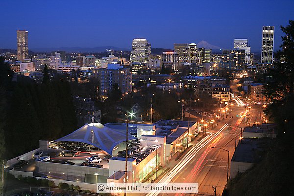 Portland Cityscape, light streaks, facing east, dusk