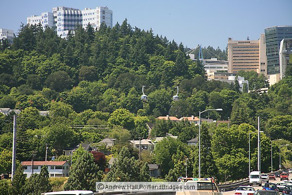 OHSU and the Aerial Tram, from Ross Island Bridge (Portland, Oregon)