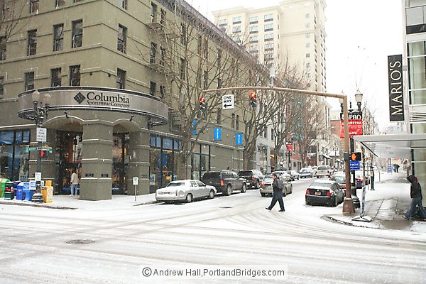 SW Broadway, Taylor Street, Columbia Sportswear, Snow (Portland, Oregon)