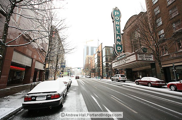 SW Broadway, Portland Schnitzer Sign, Snow