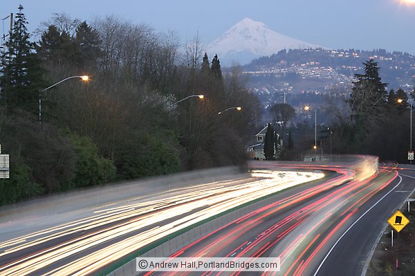 Terwilliger Curves, Car Lights, I-5, Mt. Hood, Dusk (Portland, Oregon)
