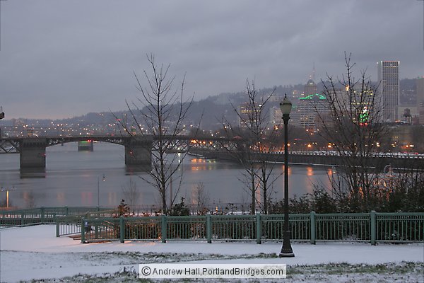 Portland Downtown from Snowy bank of Willamette River