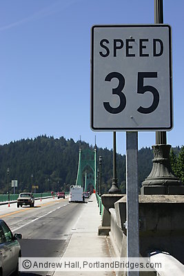 St. Johns Bridge with speed limit 35 sign (Portland, Oregon)