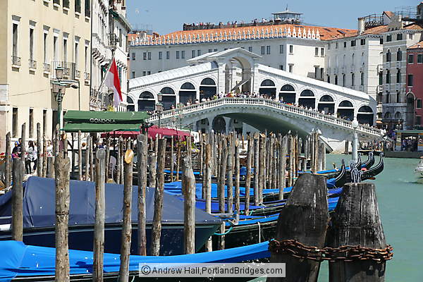 Gondolas Docked on Grand Canal, Rialto Bridge