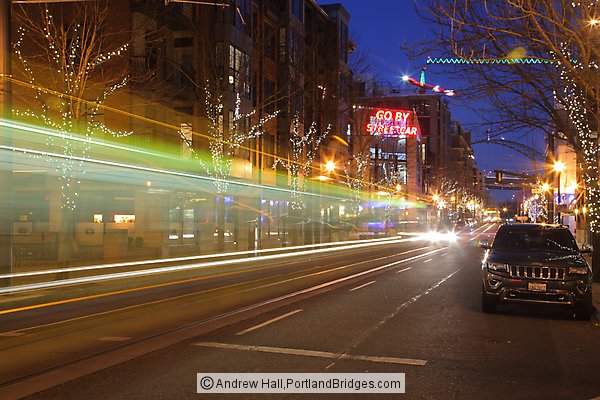 Go By Streetcar Sign, Pearl District, Light Streaks (Portland, Oregon)