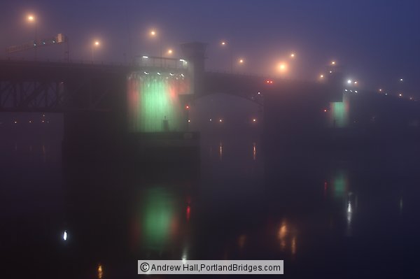 Morrison Bridge at Daybreak, Foggy, Lit Up (Portland, Oregon)
