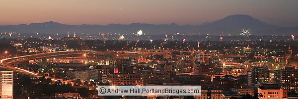 Fremont Bridge and Mt. St. Helens, Dusk, fireworks (Portland, Oregon)
