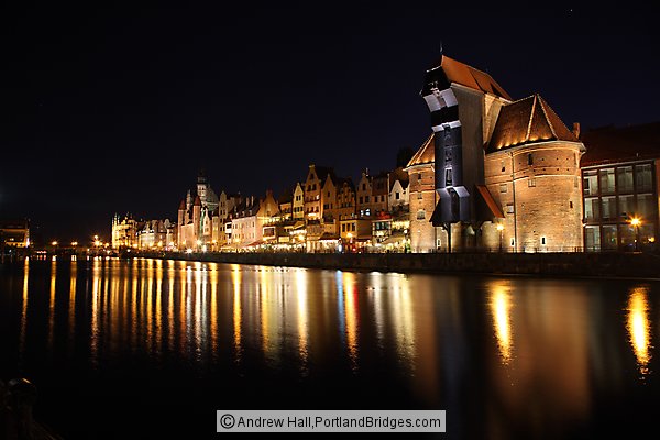 Gdansk, Crane, Waterfront Reflections at Night