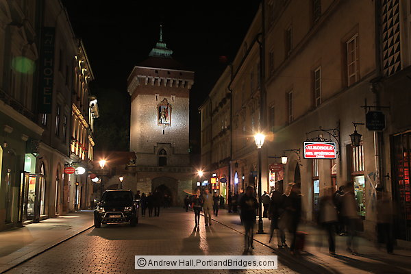 Ulica Floriańska, Florian Gate at Night, Krakow