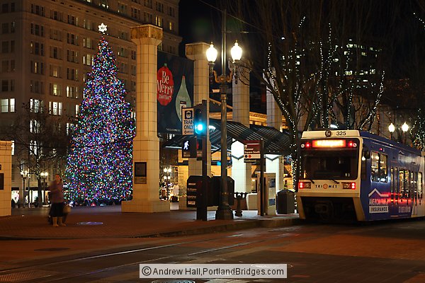 Pioneer Courthouse Square Christmas Tree, MAX Train, Portland