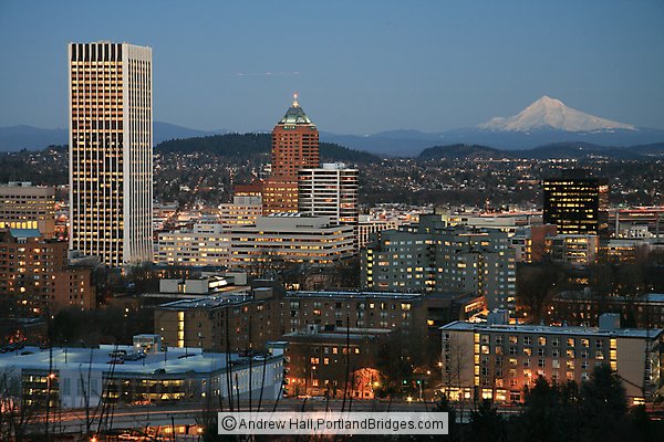 Portland Skyline: Wells Fargo Tower, Koin Tower, Mt. Hood, Dusk