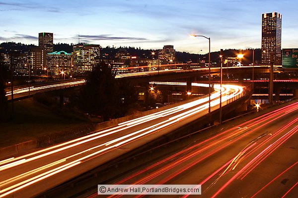 Portland Buildings, Freeway Car Lights, Dusk