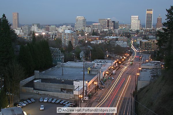 Portland Buildings, Dusk, Car Lights