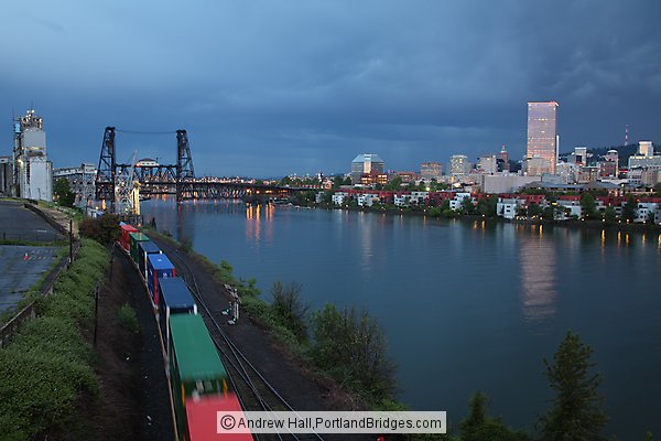 Freight Train, Portland Riverfront Between Broadway and Steel Bridges, Dusk