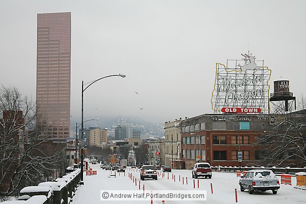 Portland Snow, Former Made in Oregon Sign, US Bancorp Tower