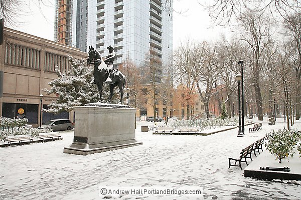 Portland SW Park Blocks, Snow, Theodore Roosevelt Statue, December 2008