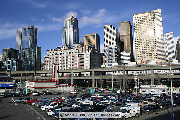 Cars waiting for ferry, Seattle Skyline