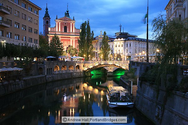 Franciscan Church, Triple Bridge, Dusk, Reflection, Ljubljana, Slovenia