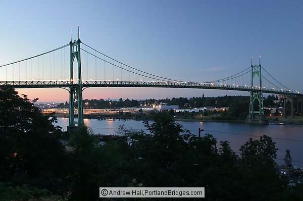 St. Johns Bridge, Side View, Lights, Dusk (Portland, Oregon)