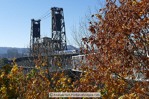 Steel Bridge, Fall Leaves, from Eastbank Esplanade (Portland, Oregon)