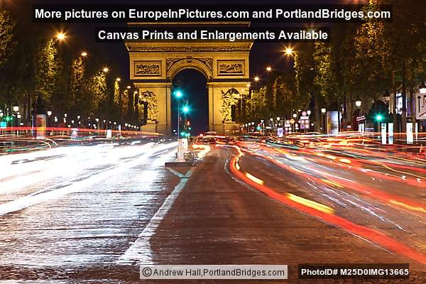 Arc de Triomphe at Night, Champs-Élysées, Car Light Streaks