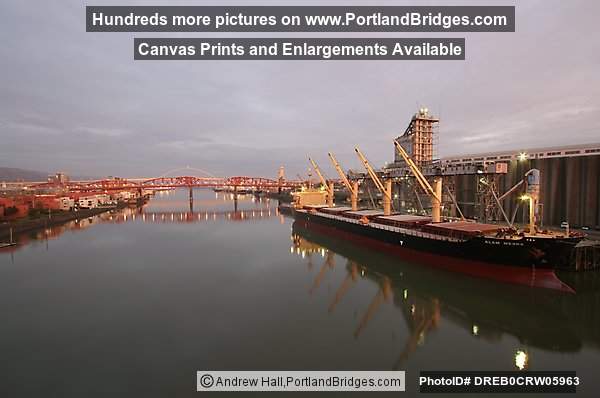 Grain Ship, Broadway Bridge, Willamette River Reflection, Morning (Portland, Oregon)