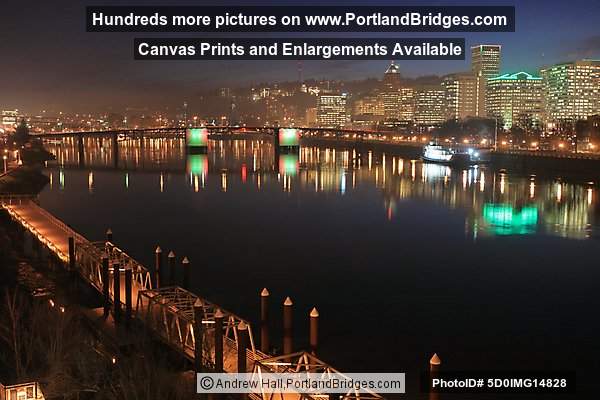Portland, Oregon Cityscape, Reflections, Morrison Bridge, Lit, Dusk