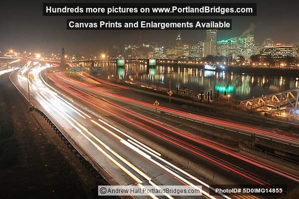 Portland, Oregon Cityscape, Reflections, Morrison Bridge, Freeway LIghts, Dusk
