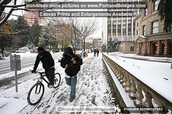 Pedestrian, Cyclist, Portland City Hall, Snow, 2008