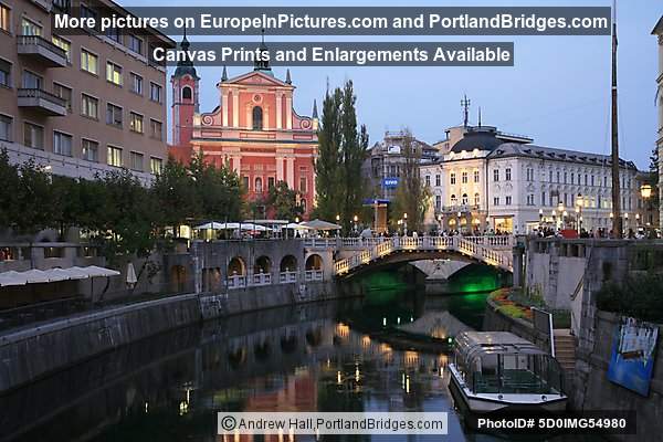 Ljubljana Triple Bridge at Dusk, reflections