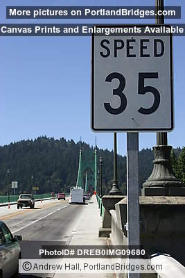 St. Johns Bridge with speed limit 35 sign (Portland, Oregon)