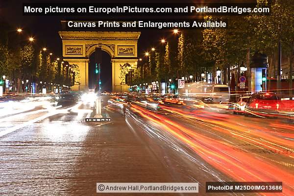 Arc de Triomphe at Night, Champs-Élysées, Car Light Streaks