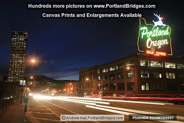 Portland, Oregon Sign, US Bancorp Tower, Light Streaks, Burnside Bridge