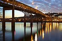 Marquam Bridge, Dusk, Clouds, Willamette River Reflections