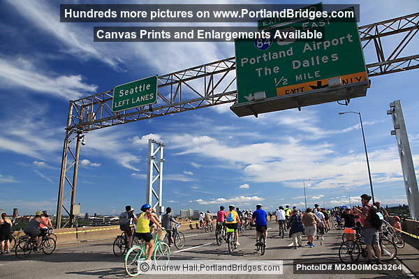 Bridge Pedal Cyclists on Marquam Bridge, I-84 Sign (Portland, Oregon)