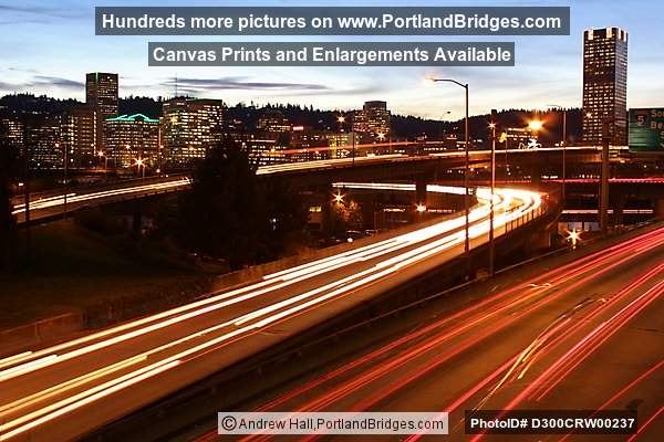 Portland Buildings, Freeway Car Lights, Dusk
