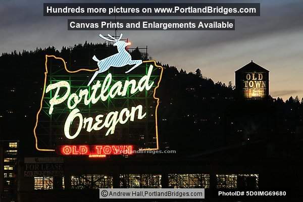 Portland, Oregon Sign, Old Town, Dusk