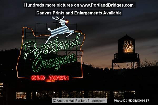 Portland, Oregon Sign, Old Town, Dusk