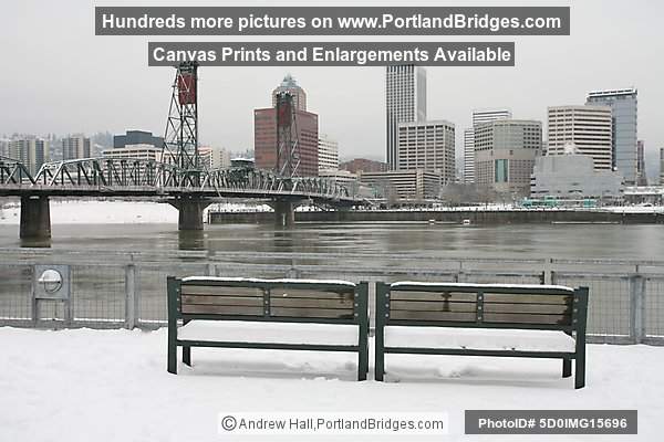 Hawthorne Bridge, Snow, Benches, City View (Portland, Oregon)
