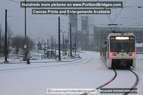 MAX Train in Snow, Rose Quarter, Steel Bridge (Portland, Oregon)