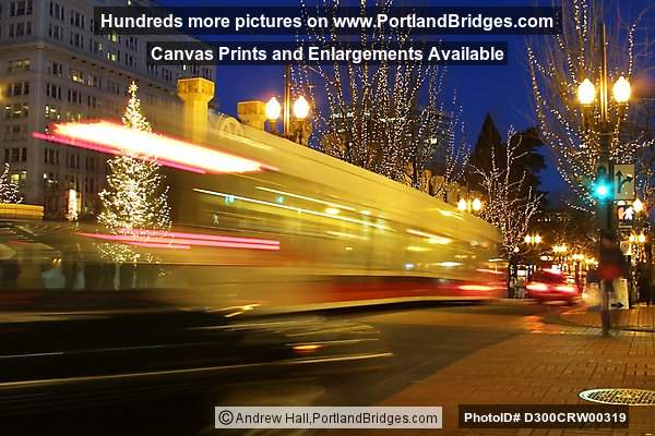 Pioneer Courthouse Square, Max Train Streaking By, Dusk (Portland, Oregon)