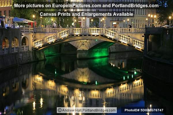 Triple Bridge Reflection, Dusk, Ljubljana