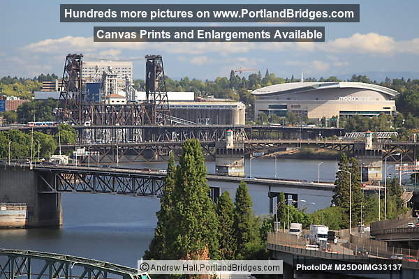 Steel Bridge, Moda Center, viewed from Marquam Bridge (Portland, Oregon)